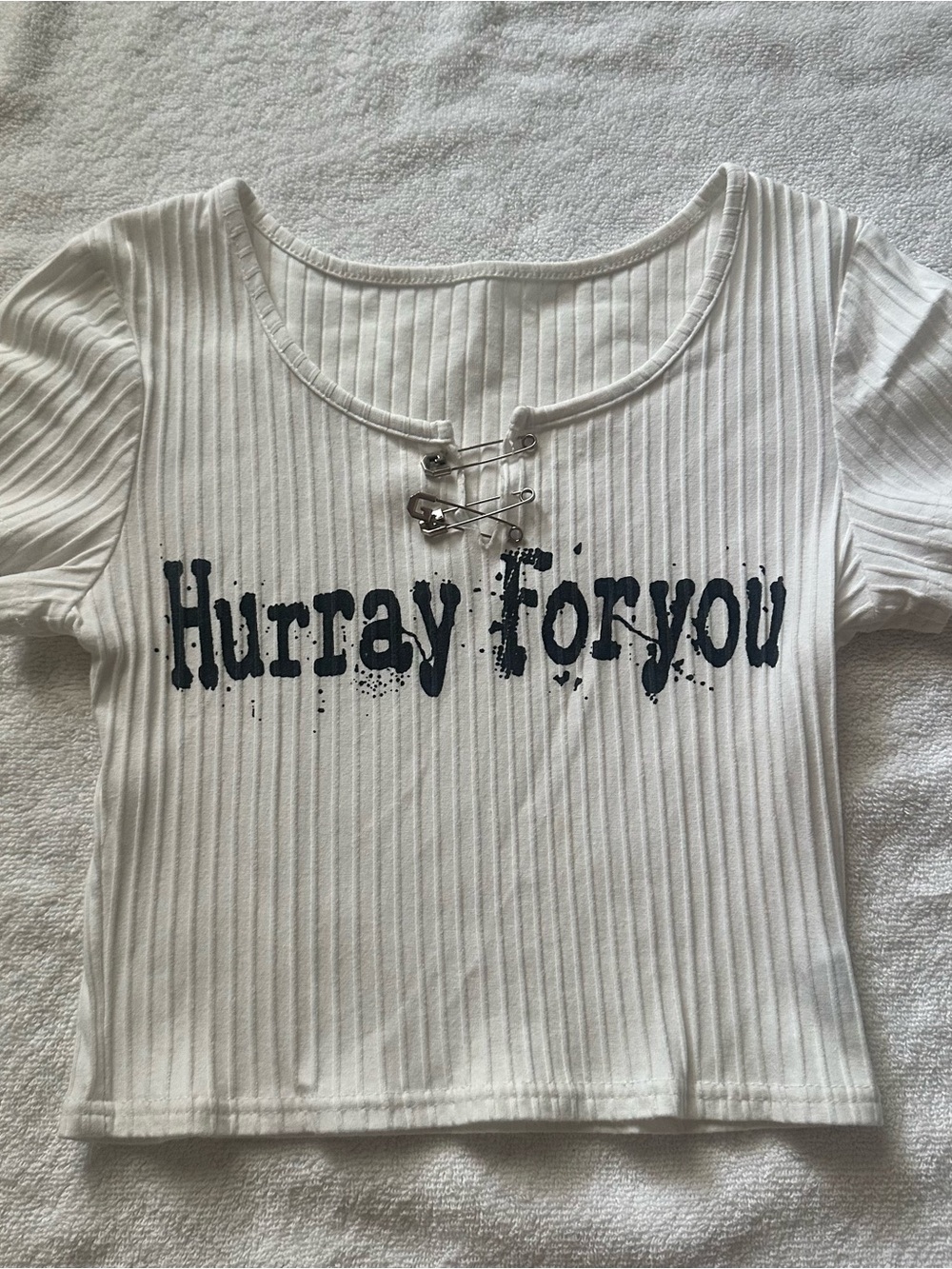 White Ribbed Tee with 'Hurray For you’ Text